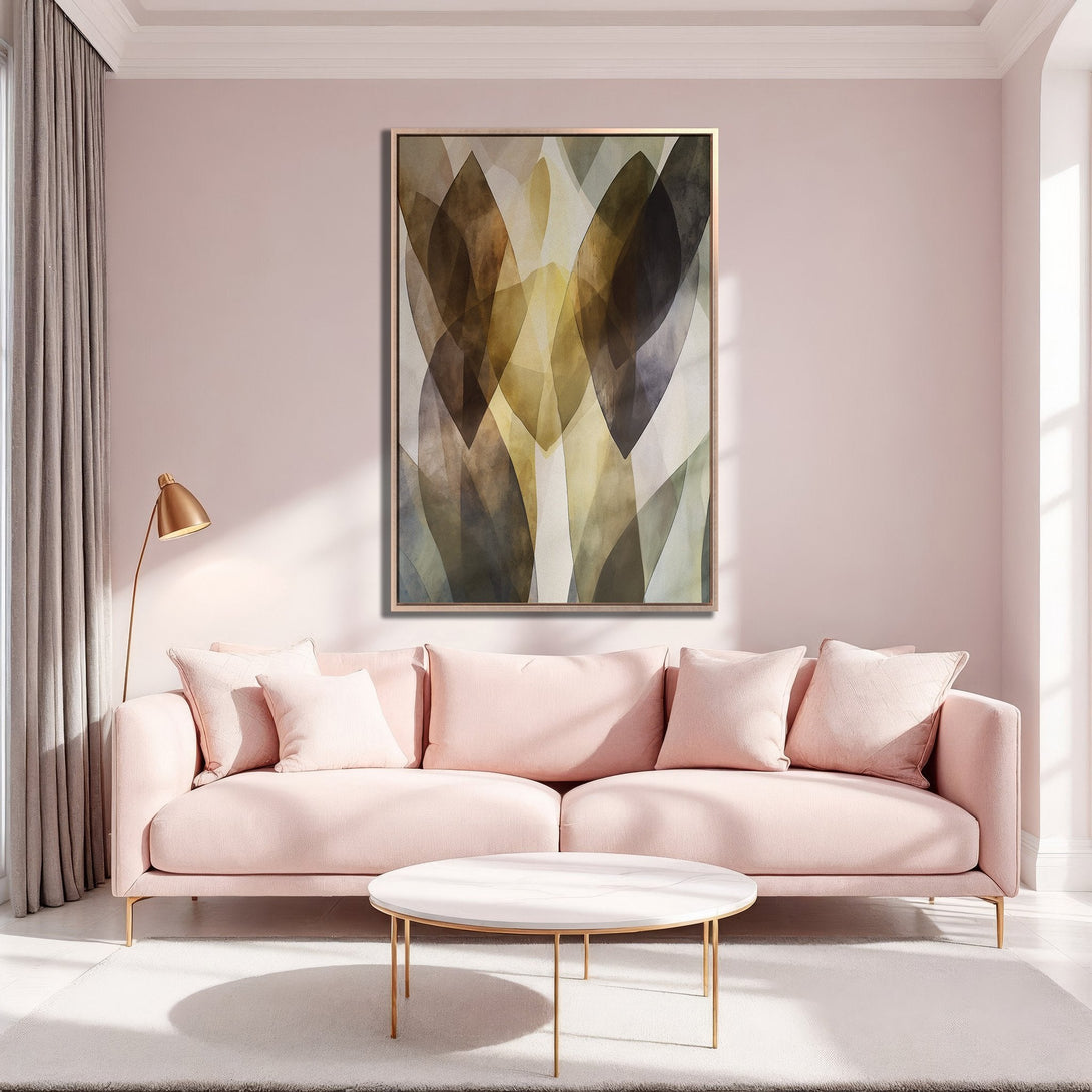 Framed Wall Art featuring abstract leaf design in warm earth tones. Adds a touch of elegance to any room. Perfect for modern home decor.