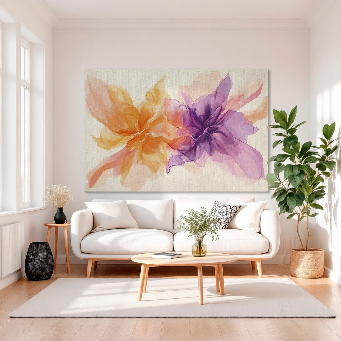 Framed Wall Art: Abstract floral canvas print in warm orange and purple hues, adding a touch of elegance to a modern living room.