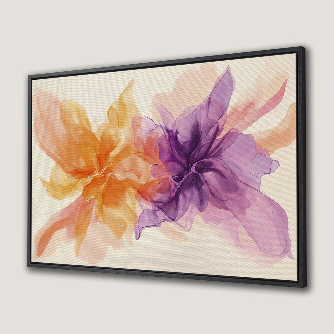 Framed Wall Art featuring abstract watercolor flowers in orange and purple hues. Modern art Canvas Print for a stylish home decor upgrade.