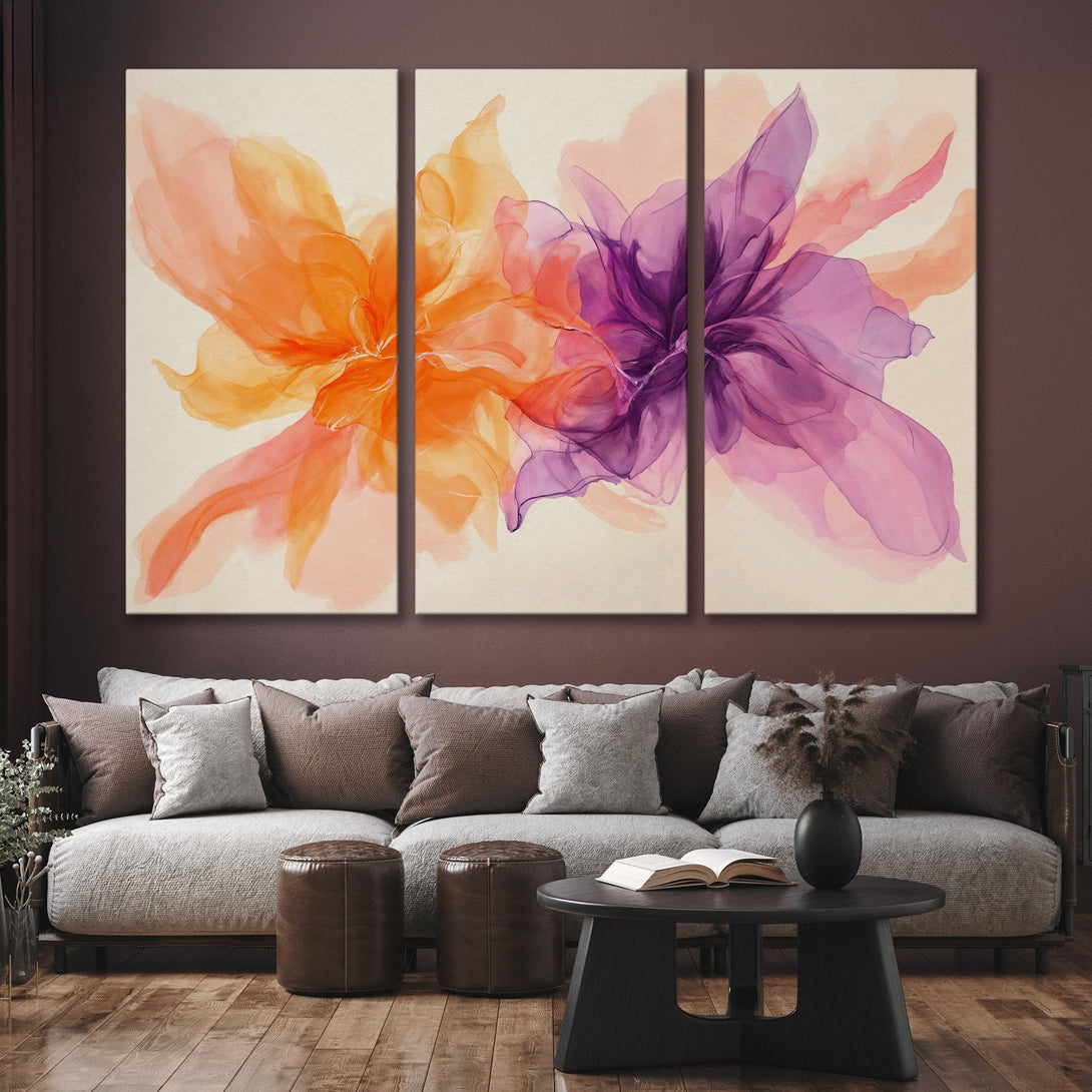 Canvas Print of abstract floral art in orange and purple hues. Modern wall decor for living room.