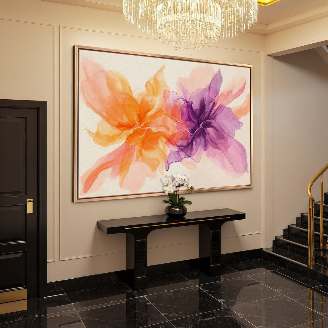Framed Wall Art: Abstract floral canvas print in orange & purple hues. Modern art for home decor, adds elegance to any interior.