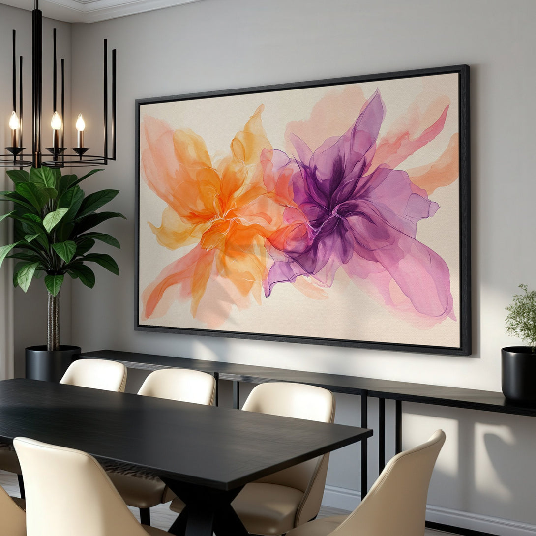Framed Wall Art featuring abstract floral design in orange and purple hues. Modern canvas print adds a pop of color to any interior.