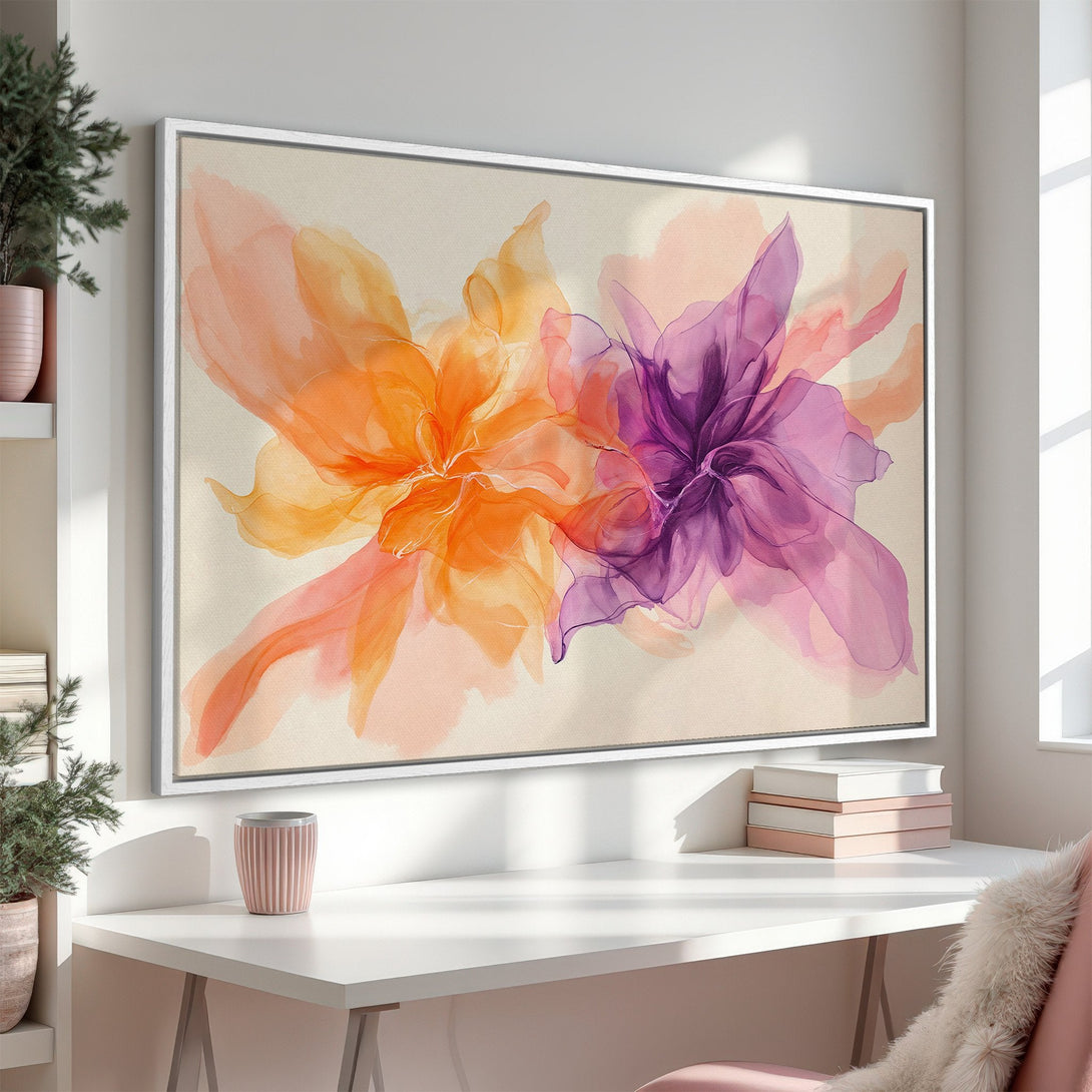 Framed Wall Art featuring watercolor floral art in orange and purple hues. Modern style canvas print perfect for home decor.