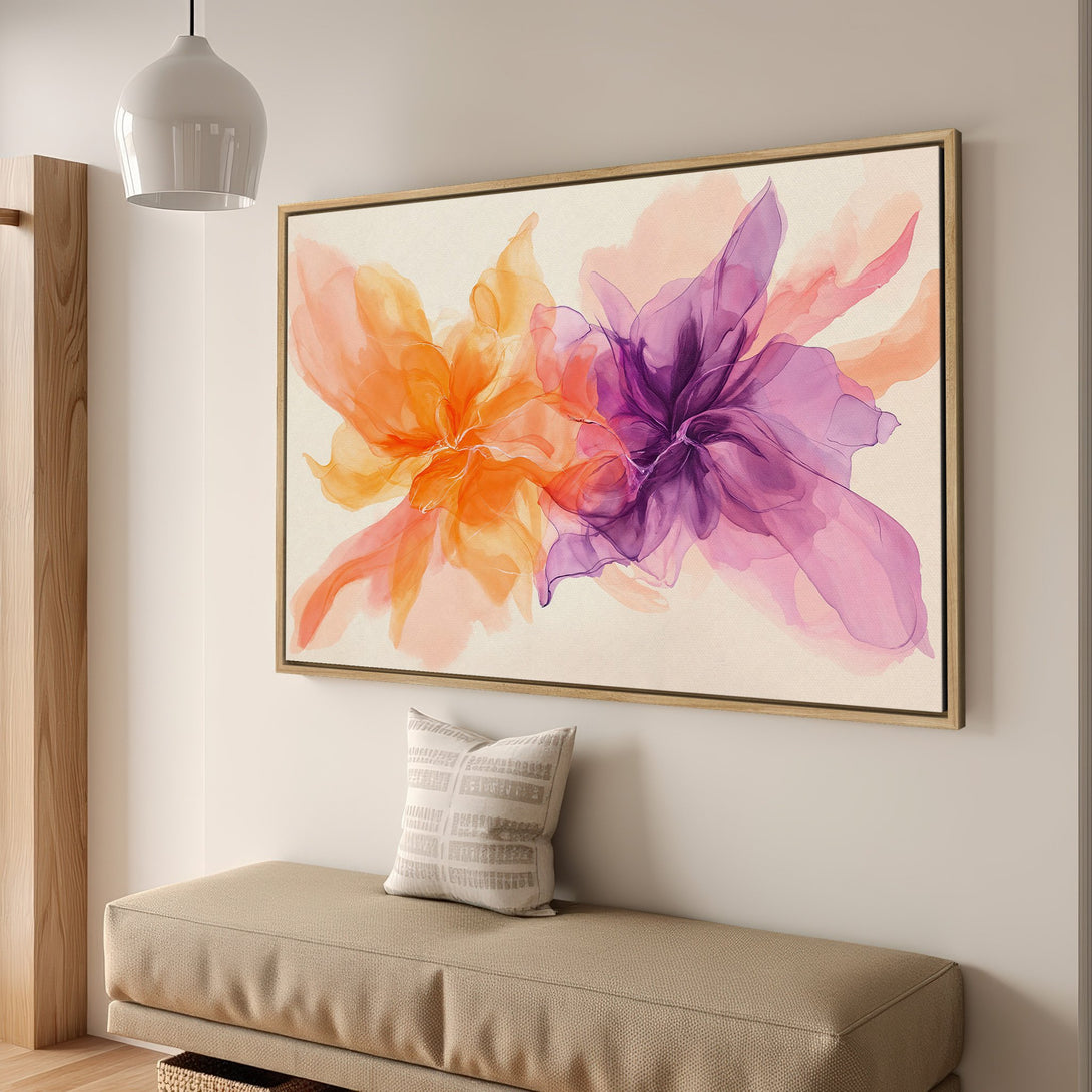 Framed Wall Art: Abstract floral canvas print in orange and purple hues. Modern art for home decor, adding a pop of color and style to any space.