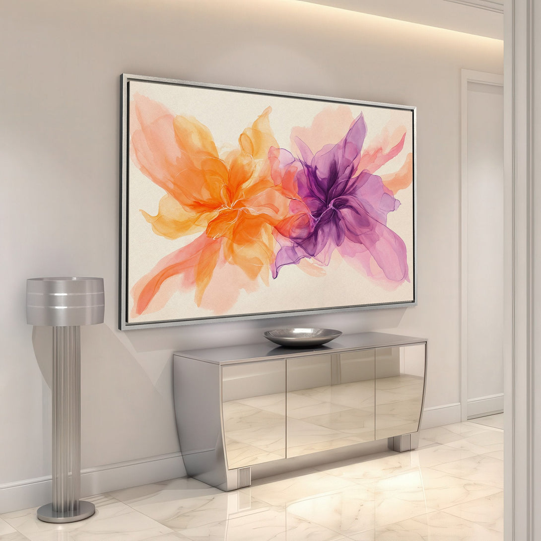 Framed Wall Art featuring abstract floral design in orange and purple hues. Modern Canvas Print perfect for living room or entryway decor.