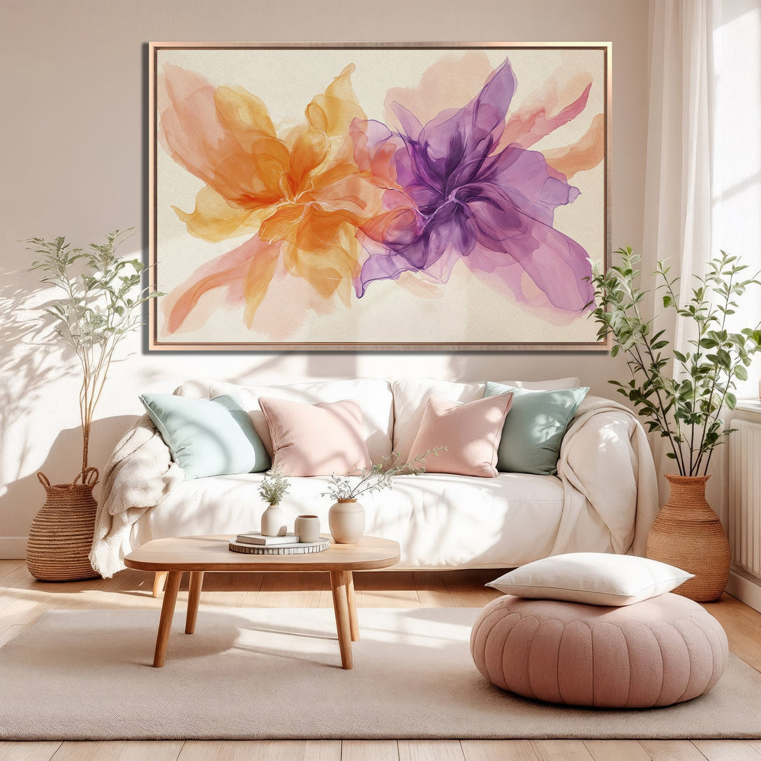 Framed Wall Art of abstract watercolor flowers in orange and purple, perfect for adding a pop of color to your living room decor.