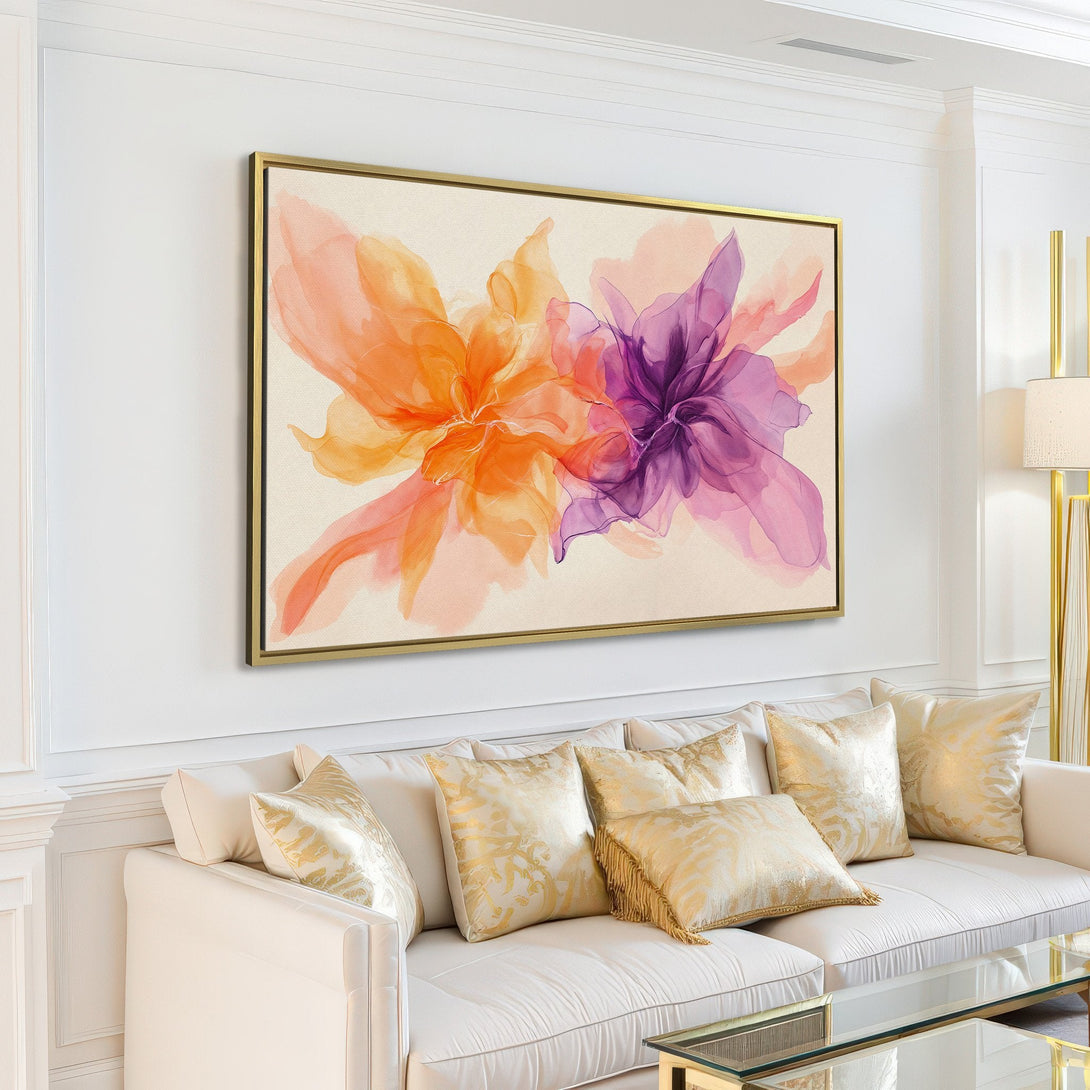 Canvas Print of abstract floral art in warm orange and purple hues, perfect for living room decor. Modern art.