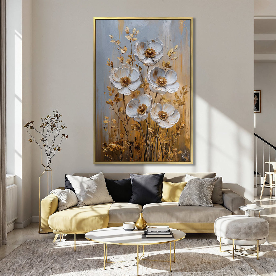 Canvas Print of white floral art with gold accents, displayed in a kitchen. Soft, neutral color palette with a touch of elegance.