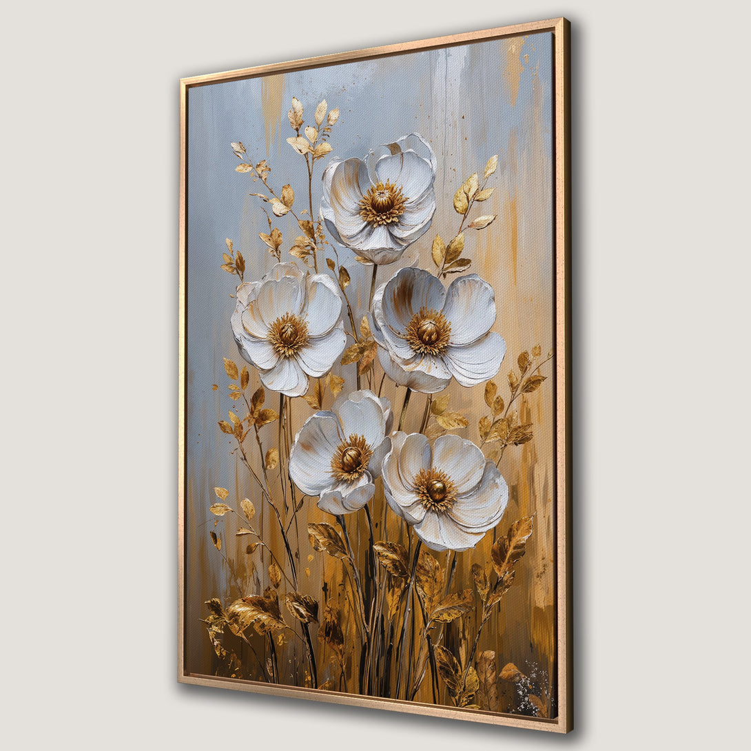 Framed Wall Art featuring elegant white floral art with gold accents. Stunning canvas print with a neutral, sophisticated color palette for a stylish home.