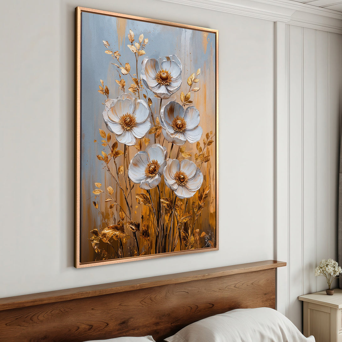 Framed Wall Art: Elegant floral canvas print in a neutral palette with gold accents. Perfect for adding a touch of sophistication to any room.