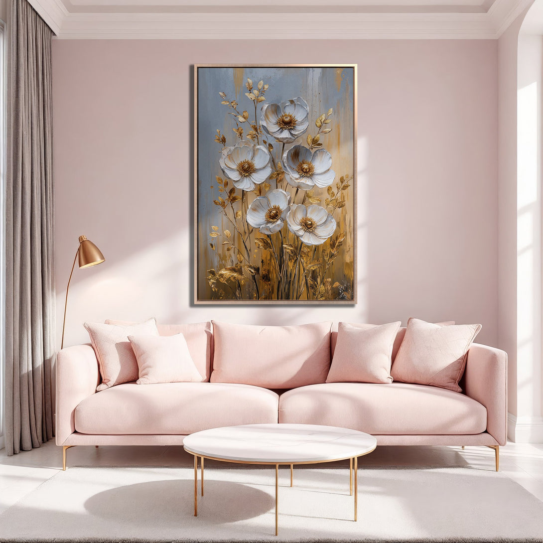 Framed Wall Art featuring elegant white floral painting. Soft, neutral color palette with gold accents. Perfect for adding a touch of sophistication to your home.