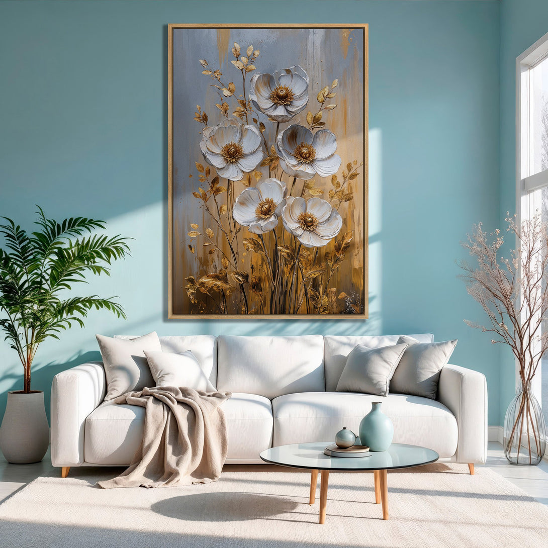 Framed Wall Art featuring elegant white floral painting. Modern style with gold and neutral tones, perfect for living room decor. Elevate your space!
