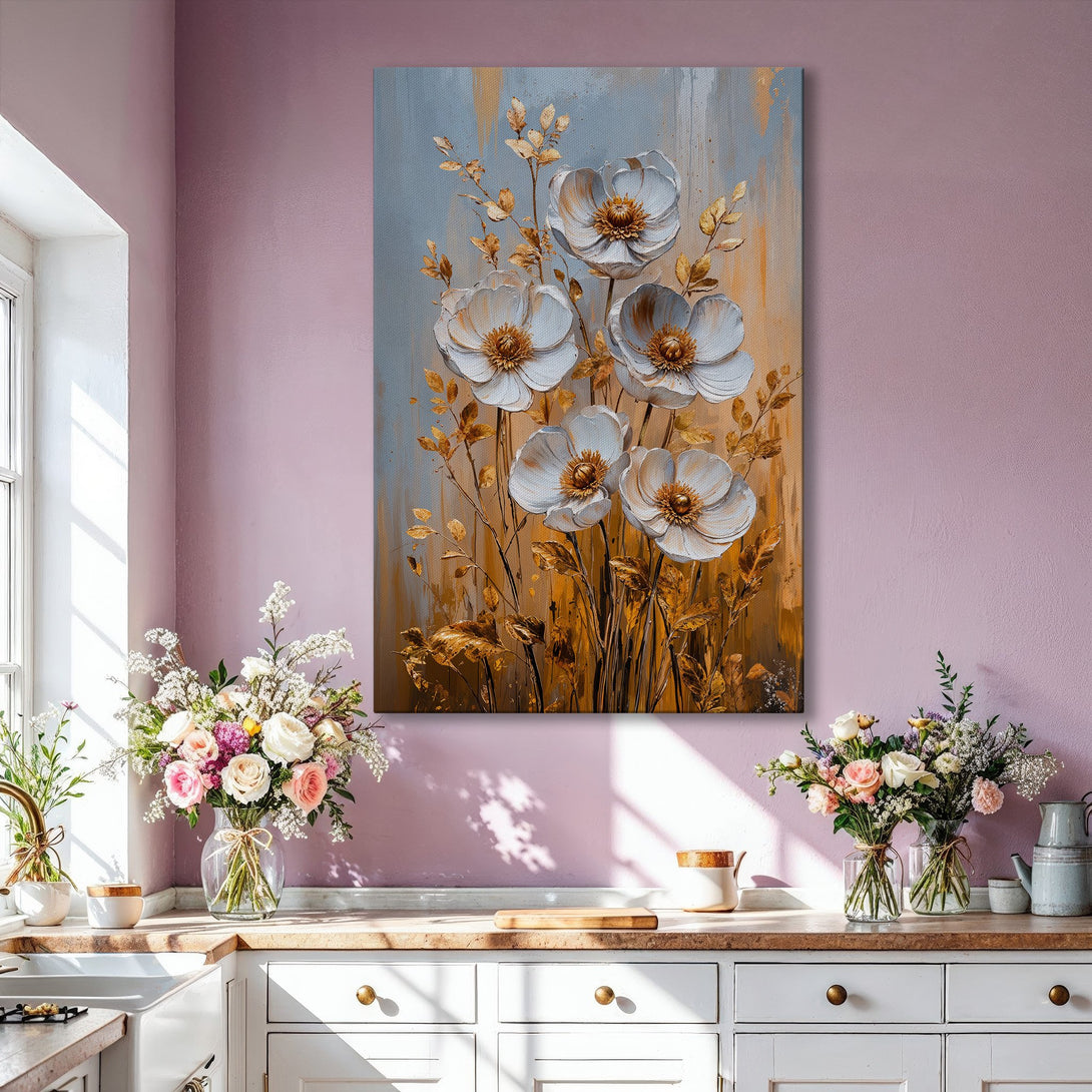 Framed Wall Art: Elegant floral canvas print in gold and white, perfect for living room decor. Modern art with a neutral color palette.