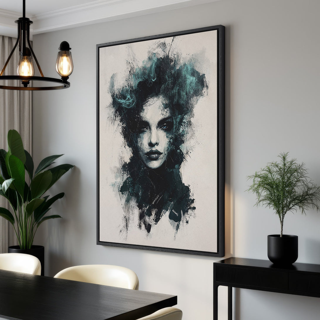 Framed Wall Art: Abstract portrait in teal and black on canvas. Modern art for home decor, adds a touch of elegance and sophistication.