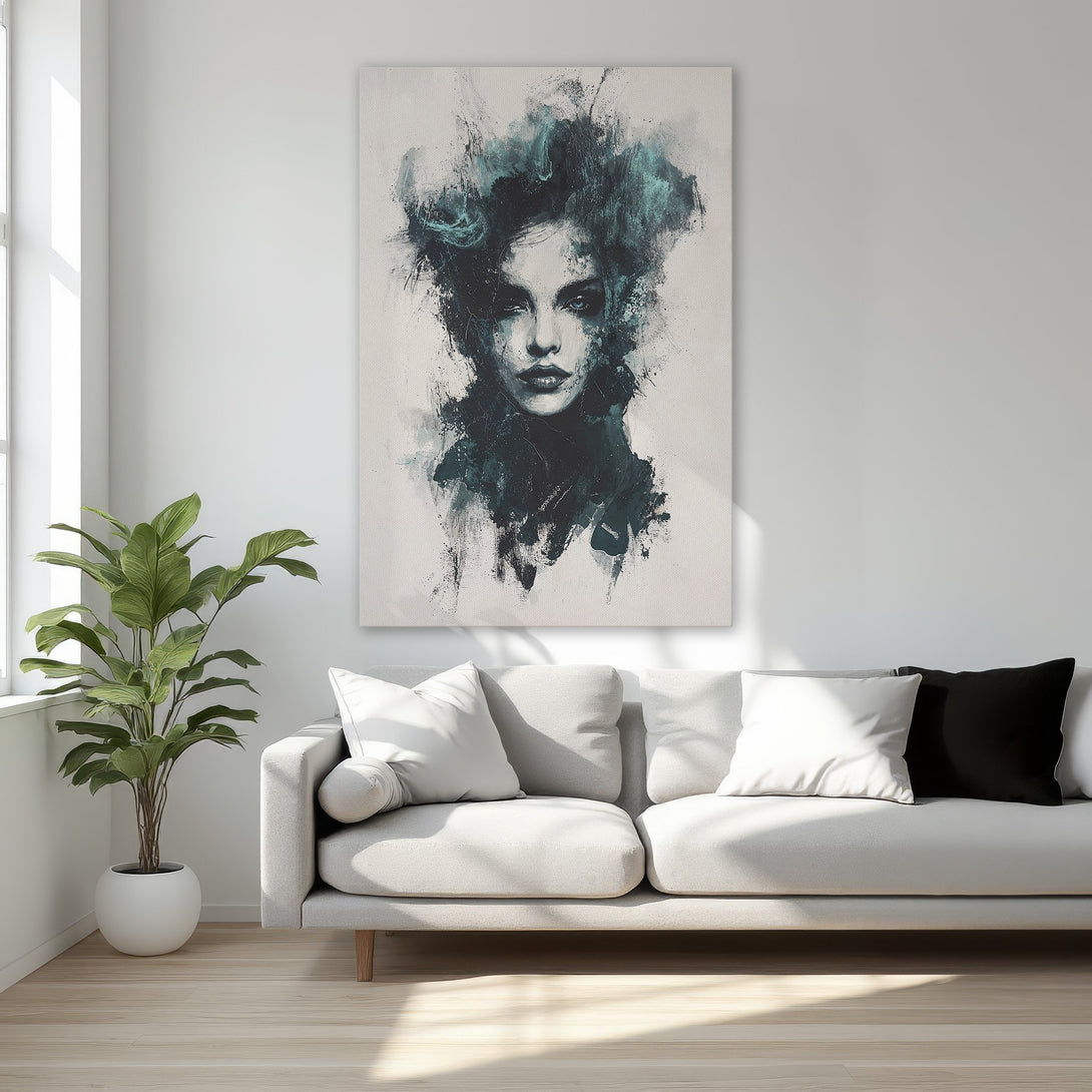 Framed Wall Art: Abstract portrait in teal and black. Modern canvas print adds elegance to any bedroom. Shop now for stunning wall decor!