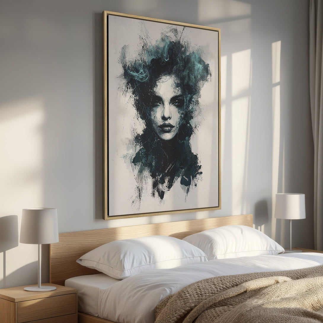 Framed Wall Art: Abstract portrait in teal & gray tones. Modern art canvas print adds a touch of elegance to any bedroom. Shop now!