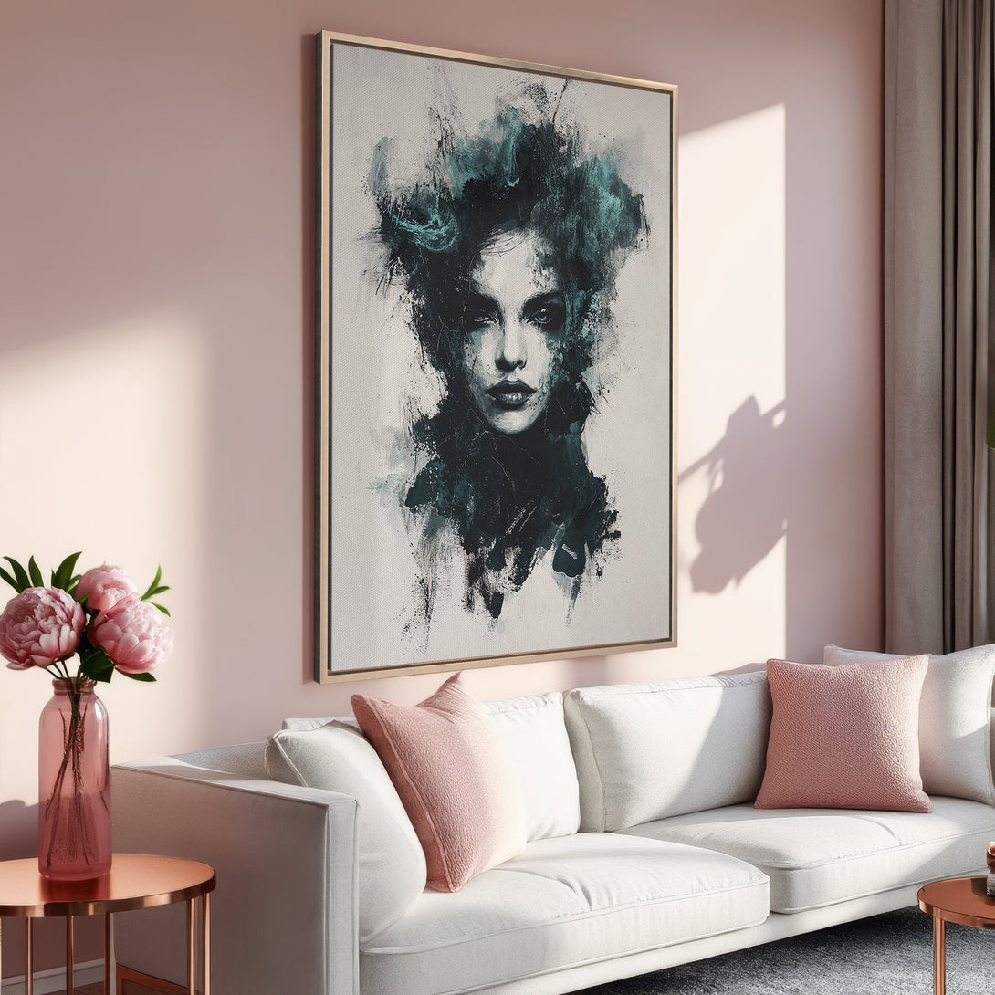 Framed Wall Art: Abstract portrait in teal and gray tones. Modern canvas print adds elegance to a blush pink living room. Shop now for stylish wall decor!