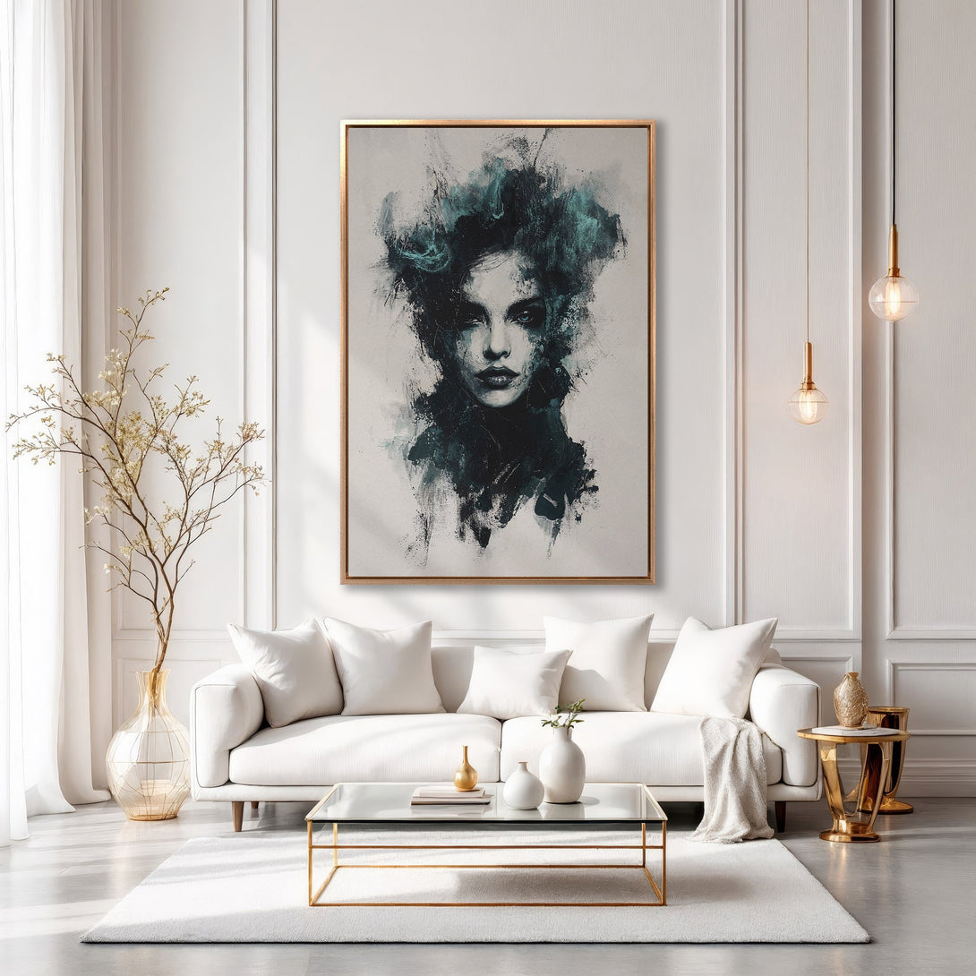 Framed Wall Art: Abstract portrait in teal & charcoal tones. Modern art canvas print adds elegance to living room decor. Shop now for stylish wall art!