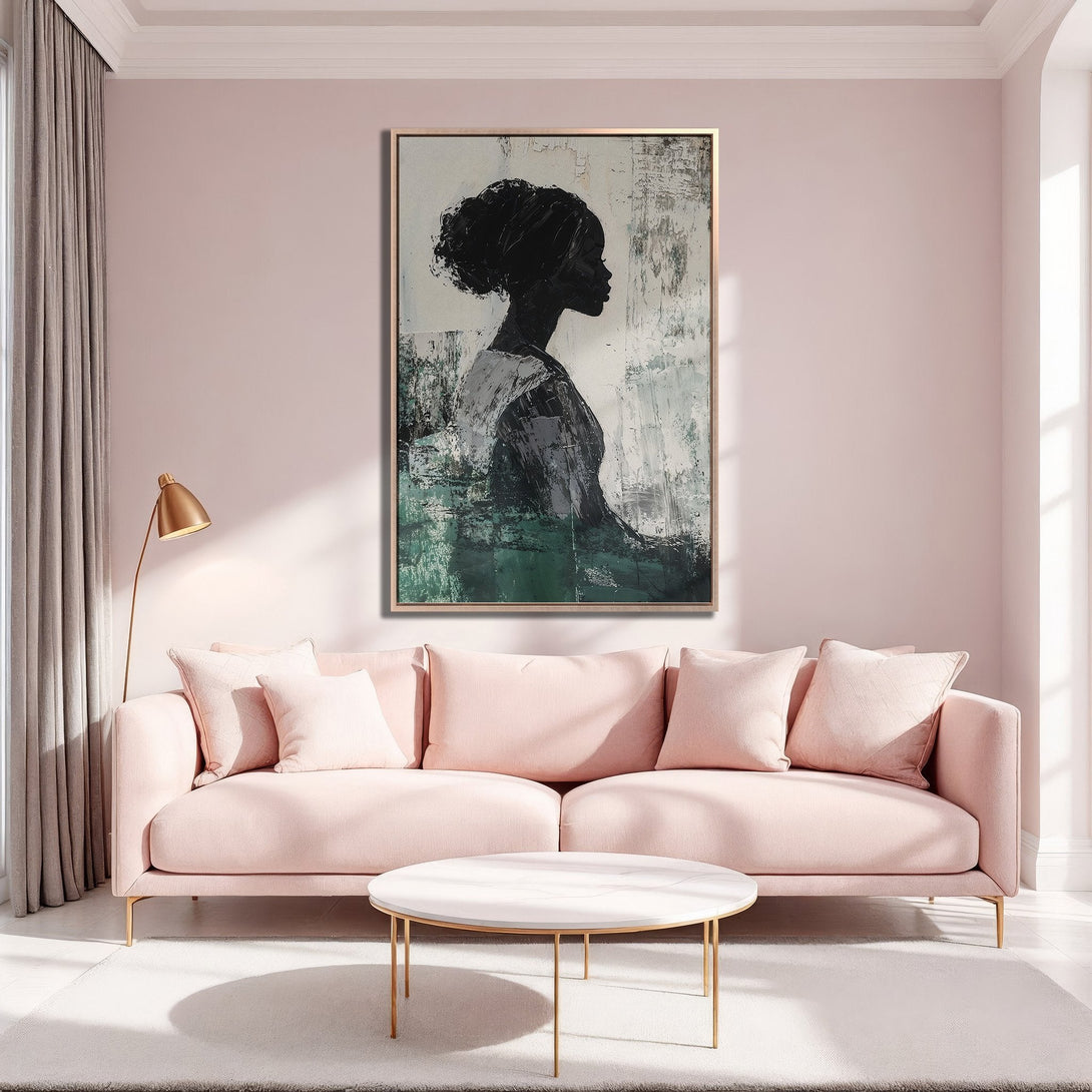 Framed Wall Art featuring a black silhouette of a woman, abstract style, displayed in a pink and green interior. Elevate your space with this elegant Canvas Print.