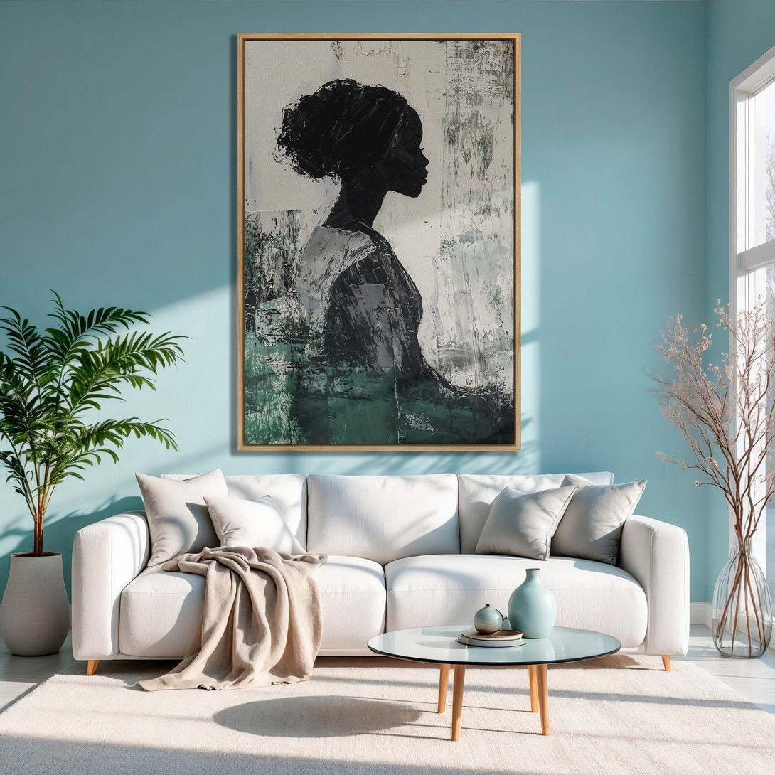 Framed Wall Art: Abstract portrait of a woman in black, white, and green. Modern art Canvas Print in a stylish living room setting.
