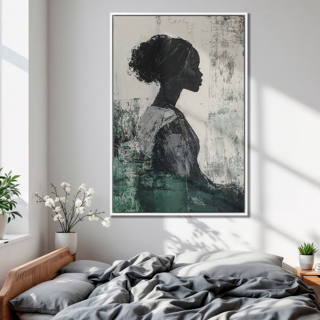 Framed Wall Art: Abstract portrait of a woman in black, white, and green. Modern art canvas print for bedroom decor.