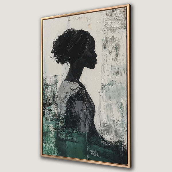 Framed Wall Art: Abstract portrait of a woman in profile, featuring a textured, modern style with a black, white, and green color palette. Perfect for any space!