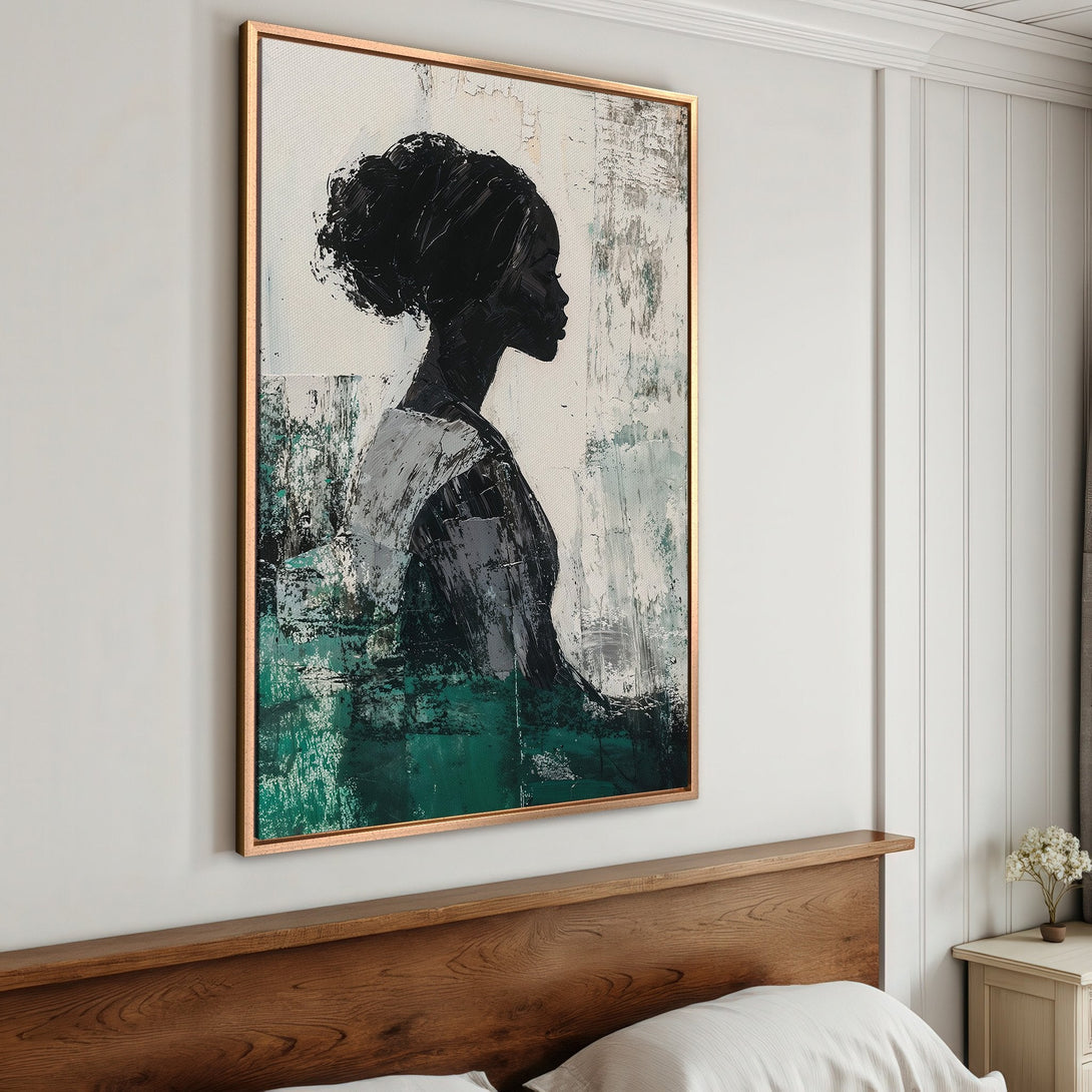 Framed Wall Art: Abstract portrait of a woman in black, white, and green. Modern, elegant artwork for your home.