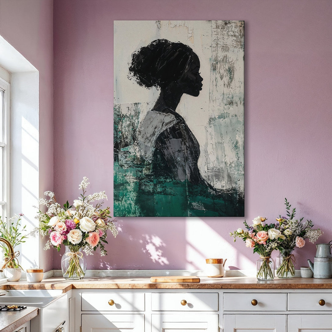 Framed Wall Art: Abstract portrait of a woman in black, green, and gray. Modern art canvas print perfect for living room decor.