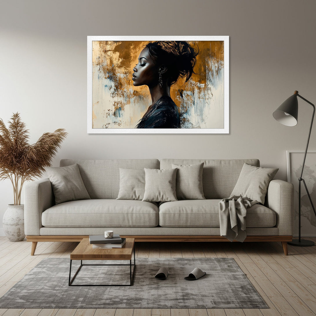 Framed Poster featuring an abstract portrait of a woman. Modern art style with gold, brown, and blue color palette. Elevate your space!