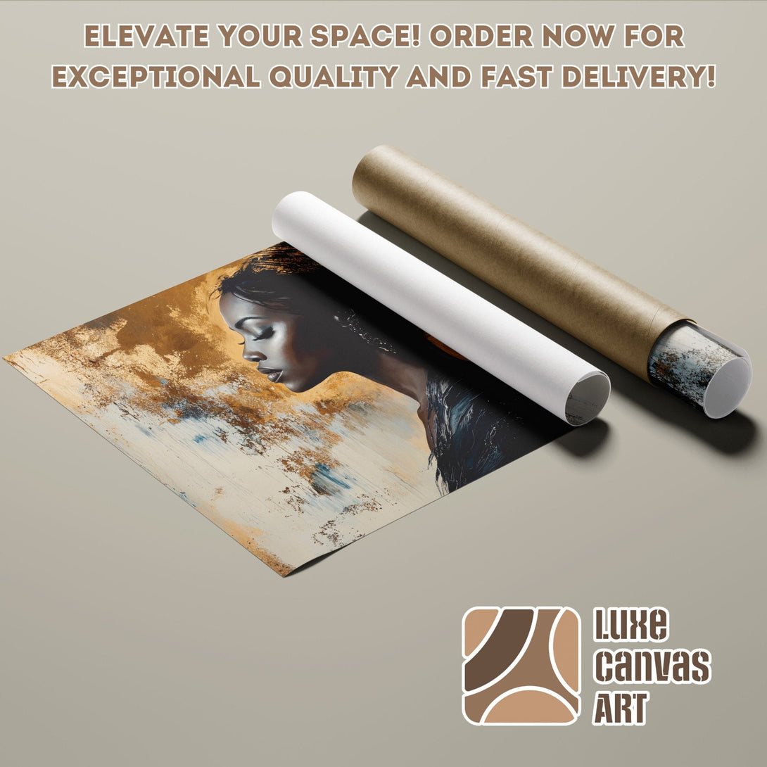 Abstract art poster roll with woman's portrait, gold & neutral tones. Elevate your space with this stunning Poster!