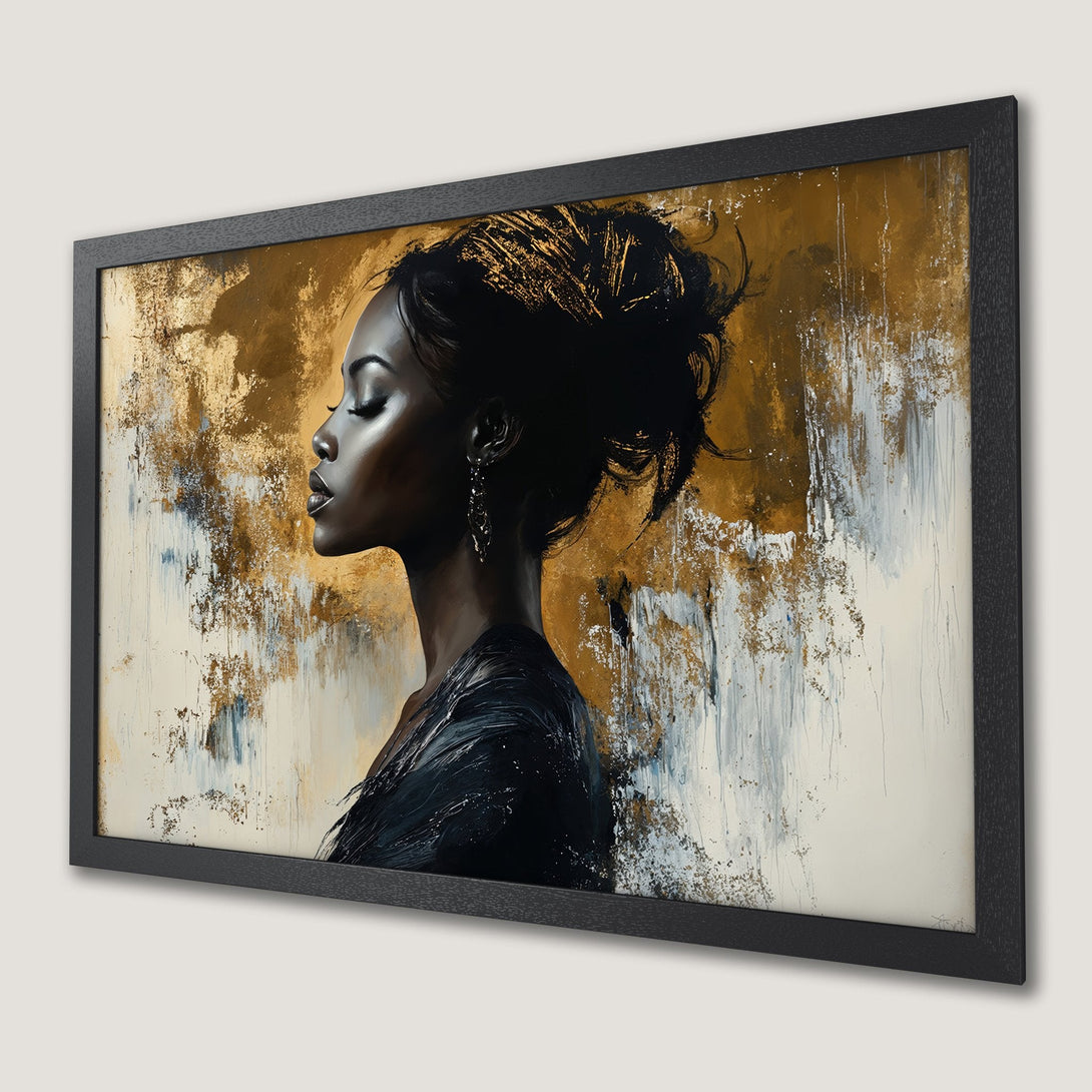 Framed Poster: Abstract portrait of a woman with gold and black accents. Modern art print for home decor.