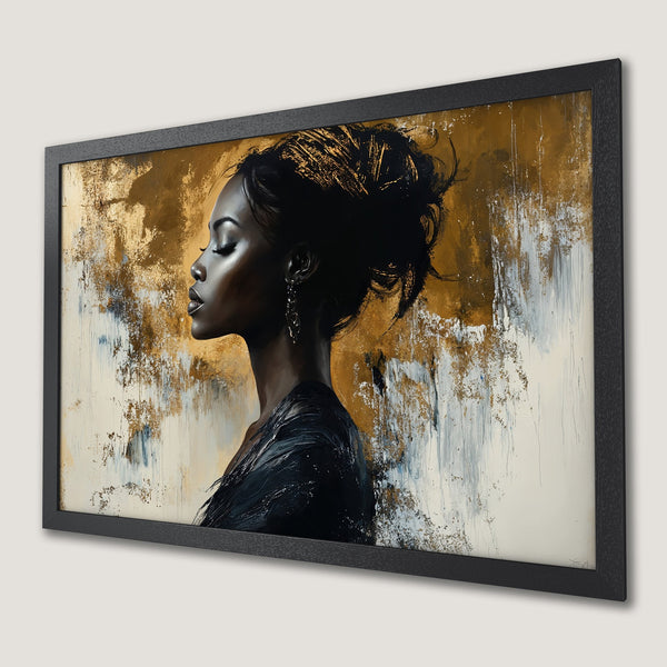 Framed Poster: Abstract portrait of a woman with gold and black accents. Modern art print for home decor.