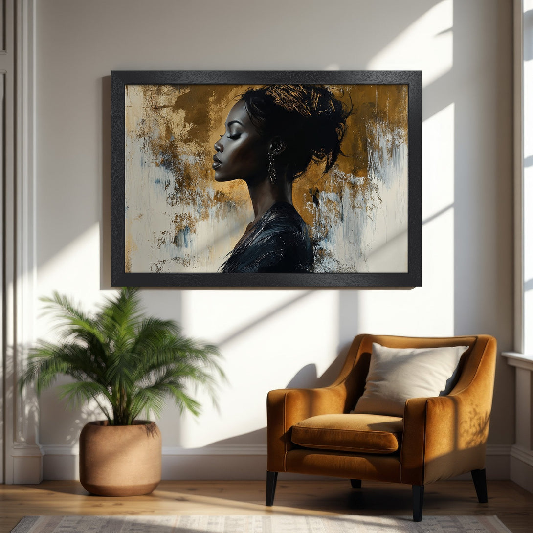 Framed Poster featuring a beautiful woman in profile, abstract style, gold and black color palette. Elevate your space with this art print!