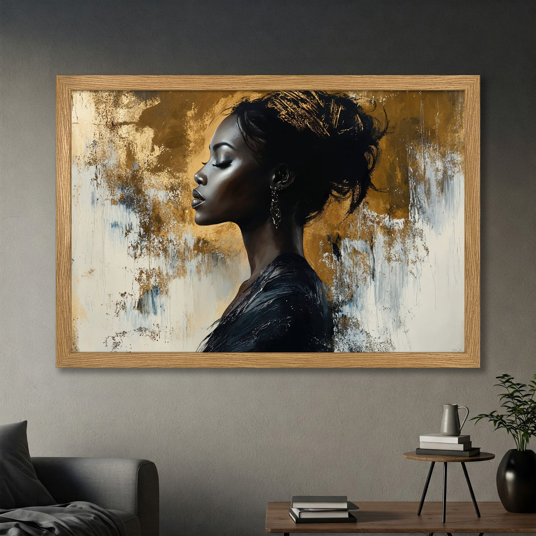 Framed Poster featuring a woman's profile in an abstract style with a gold and black color palette. Add artistic flair to your space!