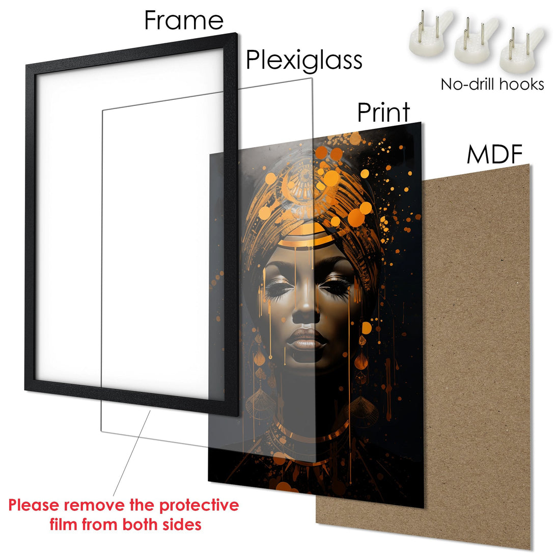 Framed Poster featuring a woman's portrait in a modern style with gold and black tones. Add a touch of elegance to your space!