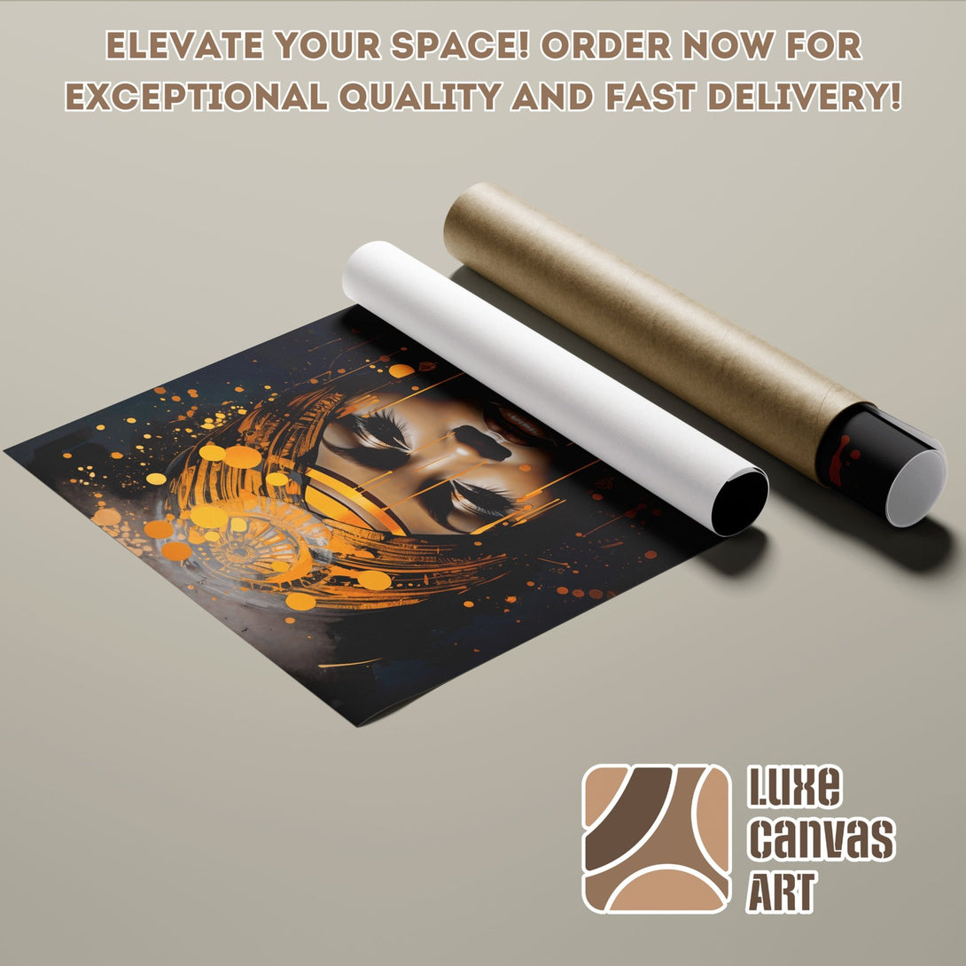 Abstract art poster roll featuring a woman's face in a dark and gold color palette. Order your poster today!