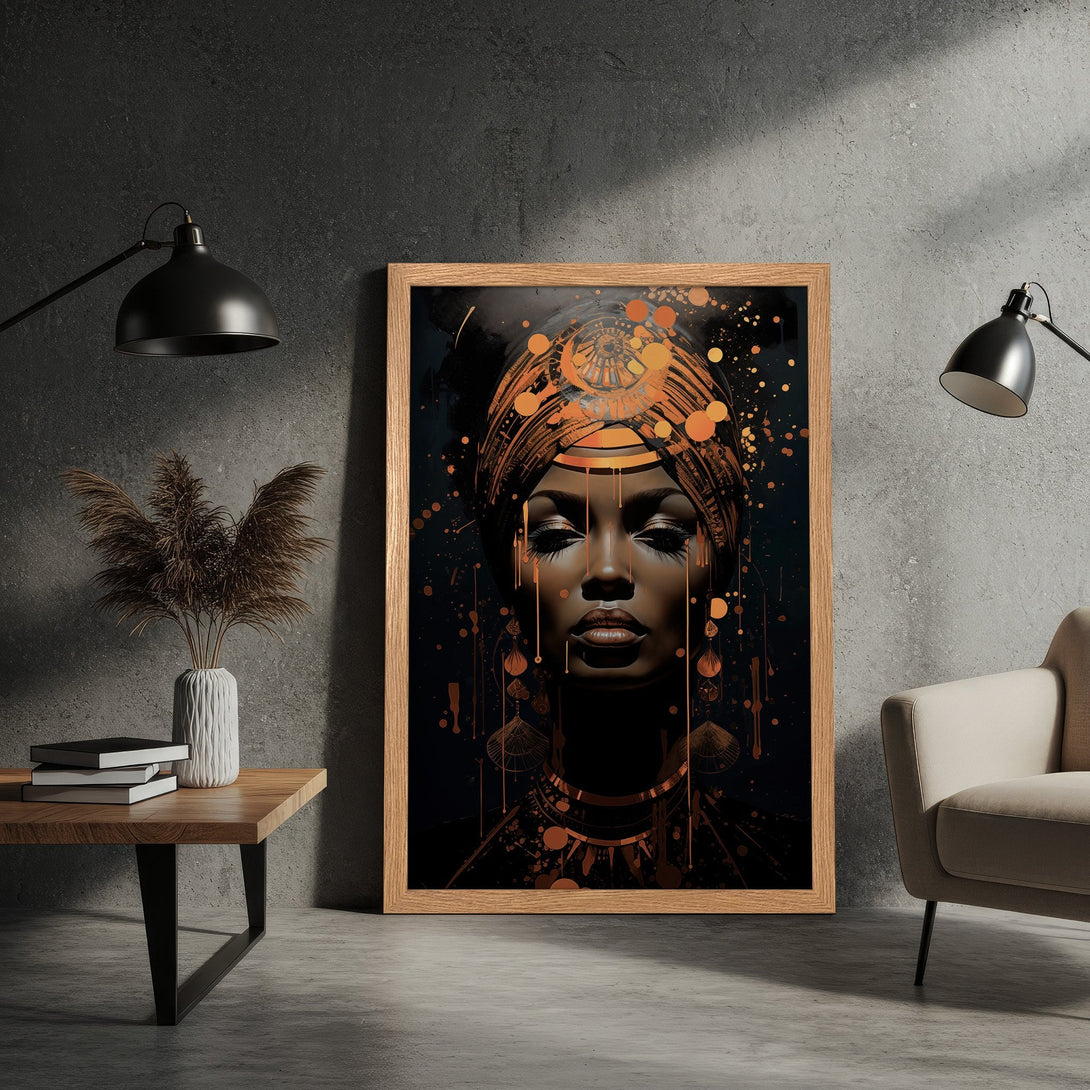 Framed Poster featuring an African woman in a modern art style with a black and orange color palette. Perfect wall art for any room.