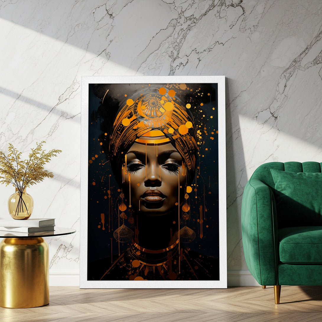 Framed Poster of a woman with a turban, abstract style, gold & black color palette. Perfect wall art for your home!
