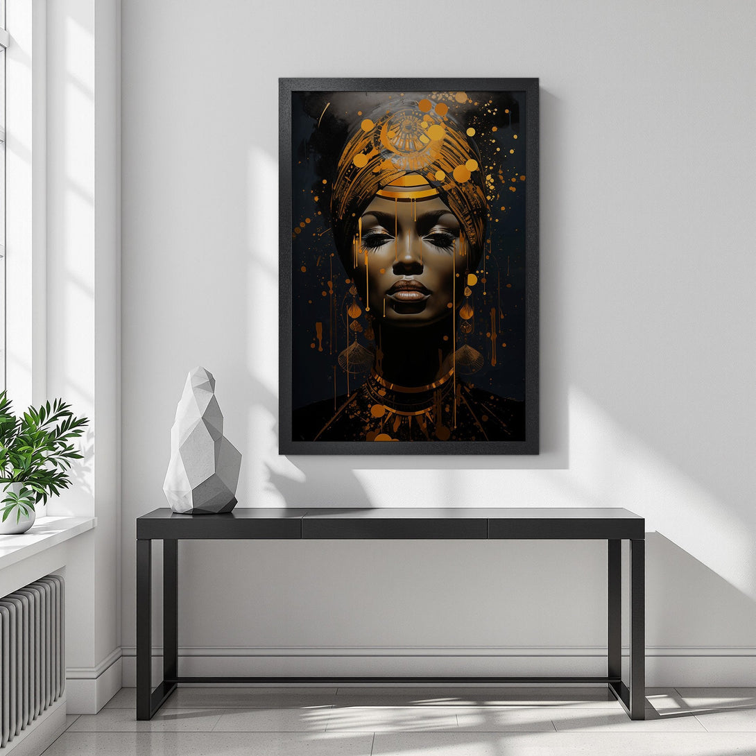 Framed Poster featuring a beautiful Black woman, abstract style, with gold and black color palette. Enhance your space with this stunning art.