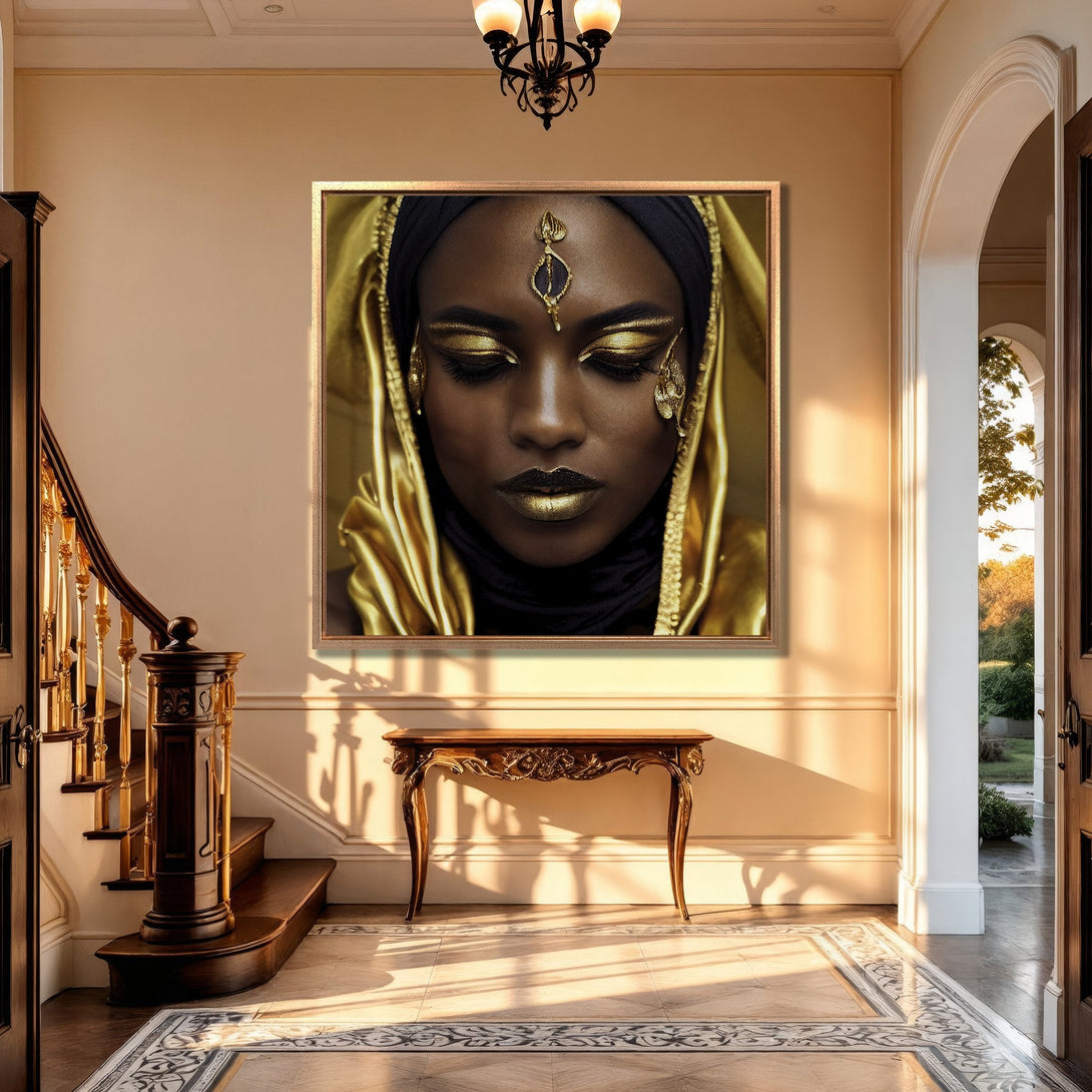 Framed Wall Art: Stunning portrait of a woman with gold accents in a warm, inviting interior. Luxurious, gold and black color palette. Perfect for elegant decor.