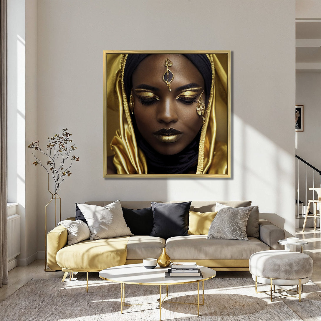 Canvas Print of a woman with gold makeup, dramatic style, rich gold and teal color palette, perfect for luxury home decor.