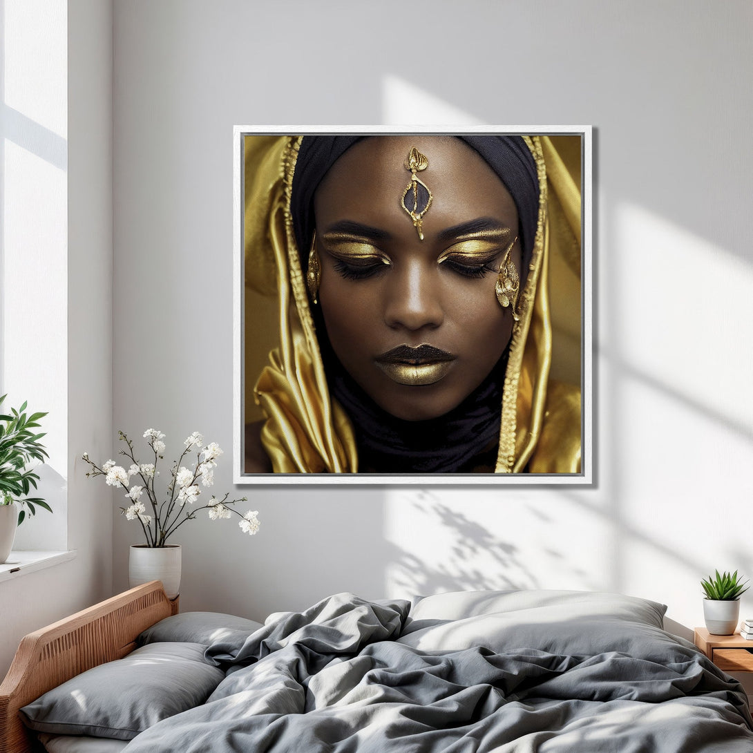 Framed Wall Art: Stunning portrait of a woman with gold makeup, black hijab, and gold accents. Luxurious aesthetic with a warm gold and black color palette.