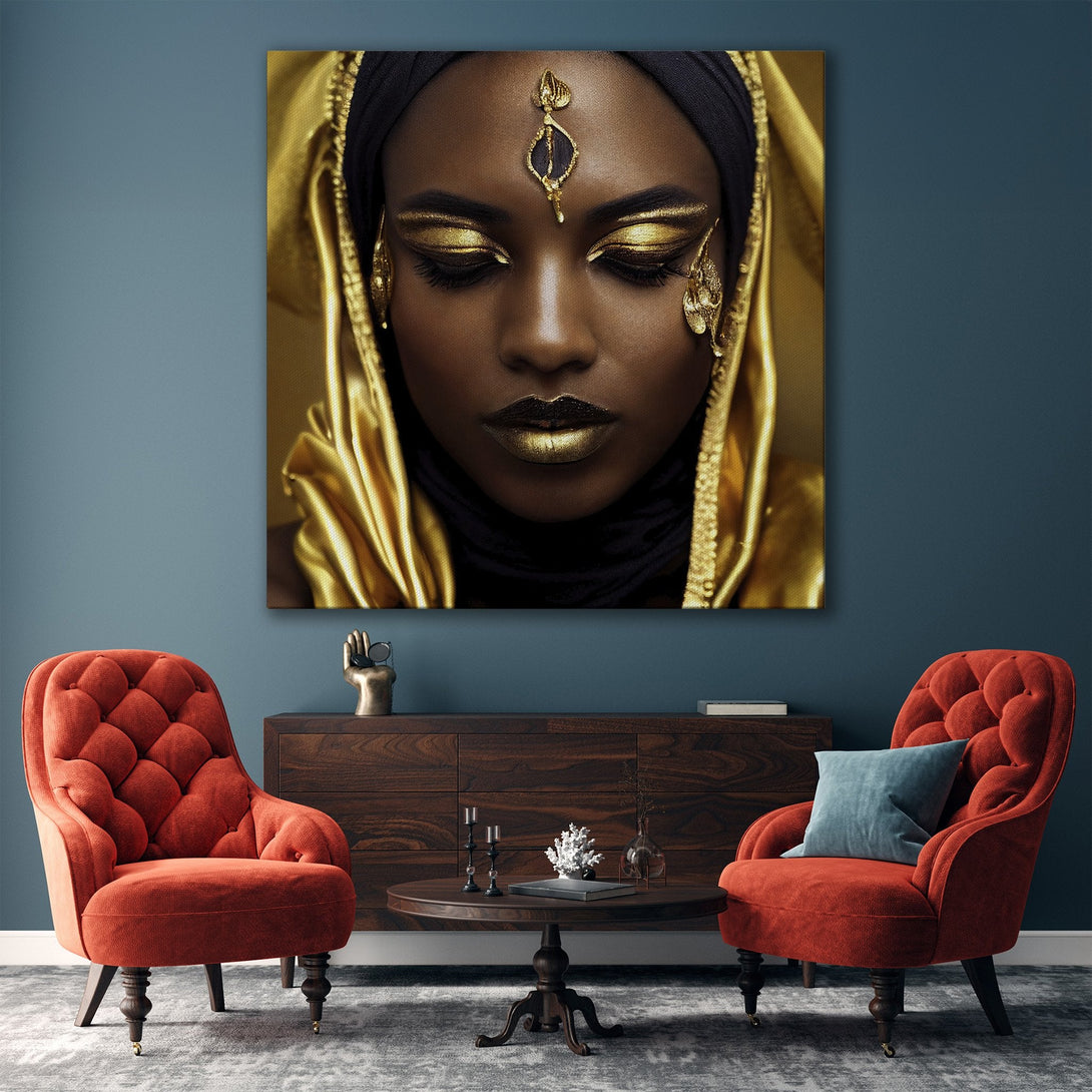 Framed Wall Art: Stunning portrait of a woman in gold, perfect for adding elegance. Rich gold and black color palette. Transform your space today!
