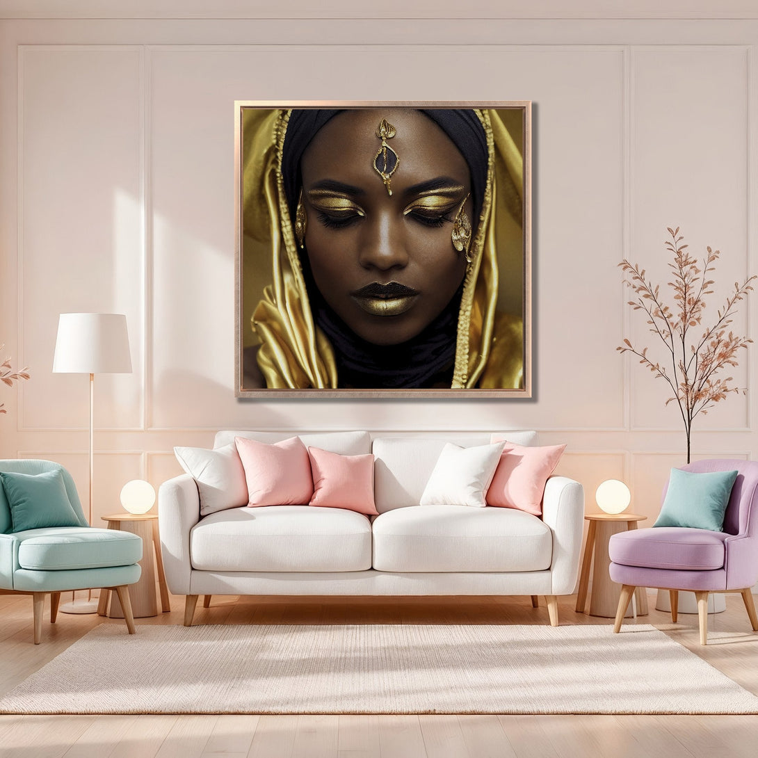 Framed Wall Art of a beautiful woman in gold, displayed in a modern interior. Features a warm, neutral color palette with pops of color.