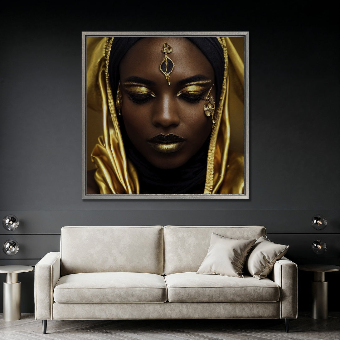 Framed Wall Art: Stunning portrait of a woman with gold makeup and attire. Rich gold and black color palette. Perfect for adding elegance to your space.