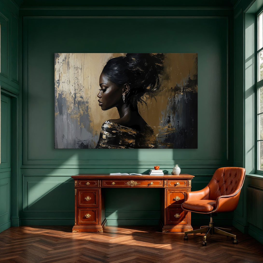 Framed Wall Art: Elegant portrait of a woman in gold and black, abstract style. Adds a touch of luxury to any dining room.