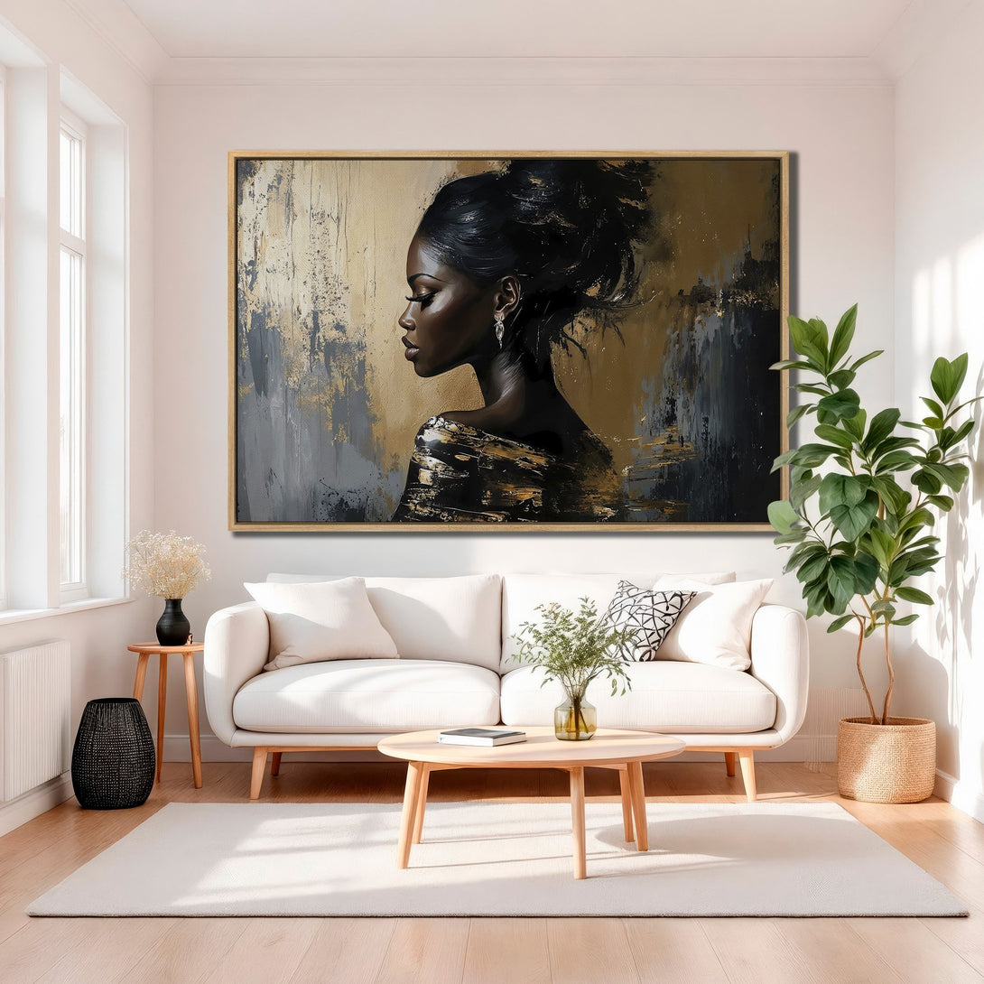 Framed Wall Art featuring an elegant Black woman in profile, abstract style, gold, gray, and black color palette. Perfect for modern decor.