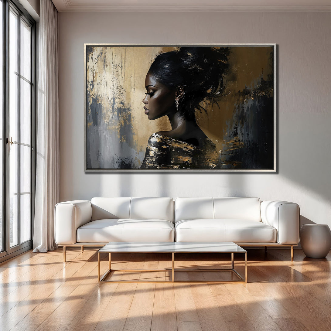 Framed Wall Art: Abstract portrait of a woman in gold, black, and grey tones. Modern canvas print for elegant home decor.