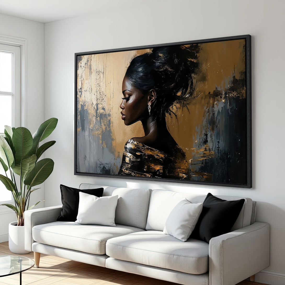 Framed Wall Art: Abstract portrait of a woman in gold, black, and gray tones. Modern art canvas print for stylish home decor.