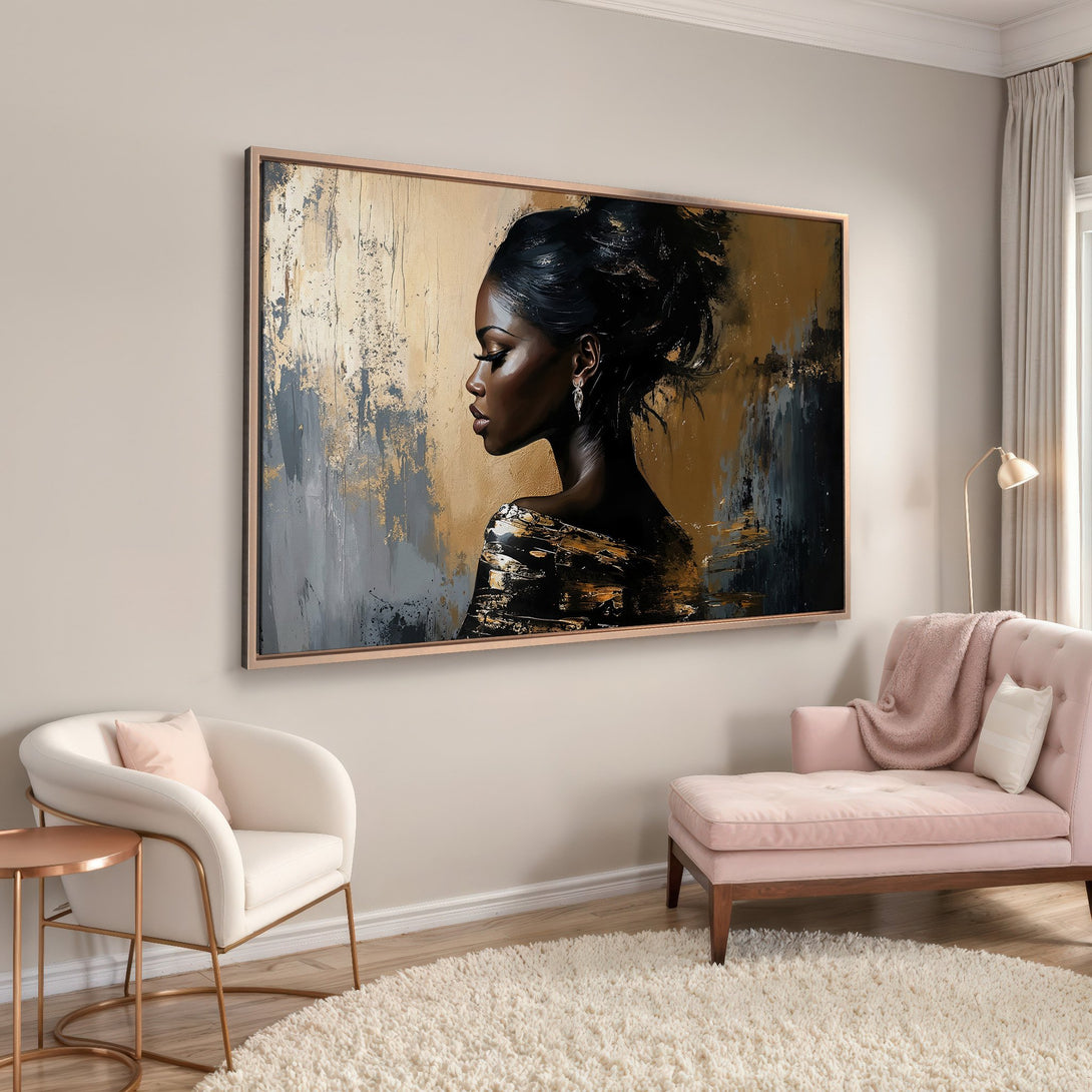 Framed Wall Art: Abstract portrait of a woman in gold, black, and gray tones. Modern art canvas print for stylish home decor.